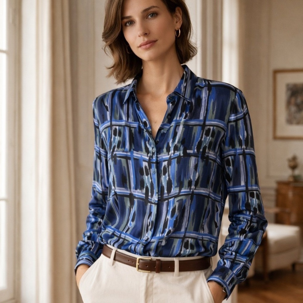 Just Cavalli Blue Black Patterned Button Down Blo… - image 1